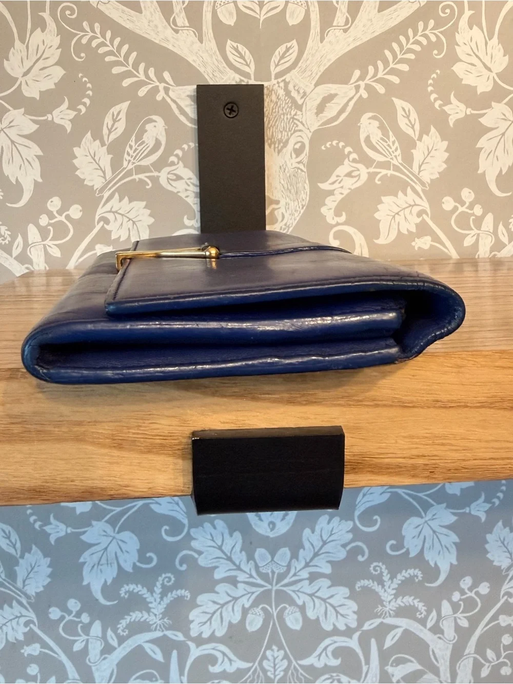 Authentic Saint Laurent YSL Blue Smooth Leather Cassandra Wallet Gold Hardware